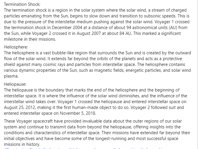 OkcWebDev's tweet photo. Termination Shock The termination shock is a region in the solar system where the solar wind, a stream of charged particles emanating from the Sun begins to slow down and transition to subsonic speeds #TerminationShock #heliosphere #Heliopause #voyager #infographics #infographic https://t.co/JAcD8JoAMT