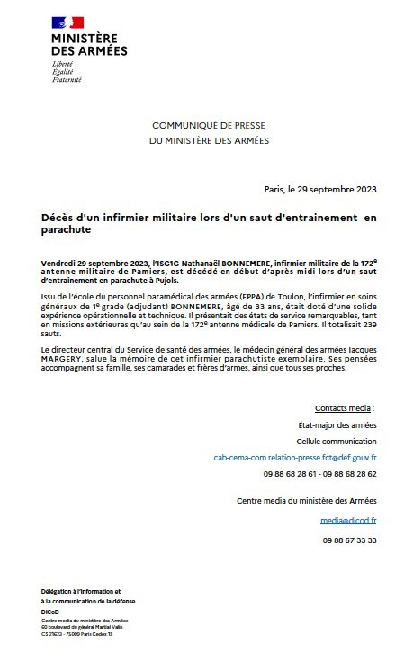 L_ThinkTank's tweet photo. [ 🇫🇷 FRANCE ]

🔸 Nathanaël Bonnemere, infirmier militaire de la 172e antenne militaire de Pamiers, est décédé lors d'un saut d'entraînement en parachute à Pujols. Il avait 33 ans. https://t.co/aVU33n3Bvm