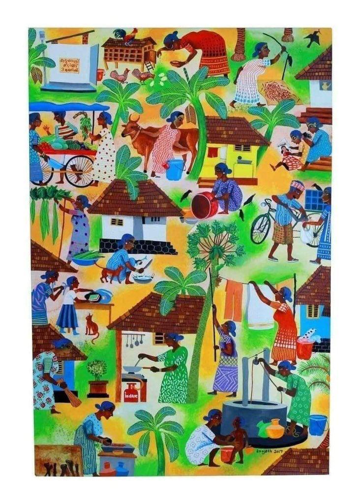 The artist of this painting is a 9th grader Ajunath Sindhu Vinayala of Trissur, Kerala. He painted this because his father continually introduced his mother as “she is just a housewife, she doesn’t work”.  Ajunath was surprised because he never saw his mother idle