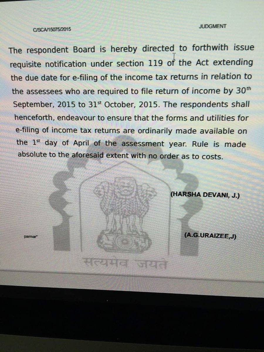 atulmodani's tweet photo. Pathbreaking judgement by Gujarat HC in 2015 directing CBDT to ordinarily release all forms and utilities required for filing #incometax return and #Taxaudit forms https://t.co/KivC7uysPx