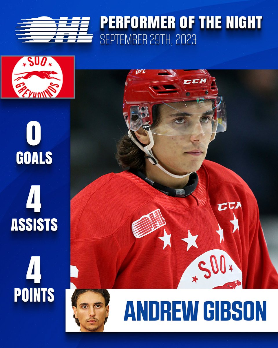 OHL Performer of the Night 🌟

<a href="/DetroitRedWings/">Detroit Red Wings</a> second-round pick Andrew Gibson set a new career-high with four points in an 11-3 <a href="/OHLHoundPower/">Soo Greyhounds</a> victory 👏
