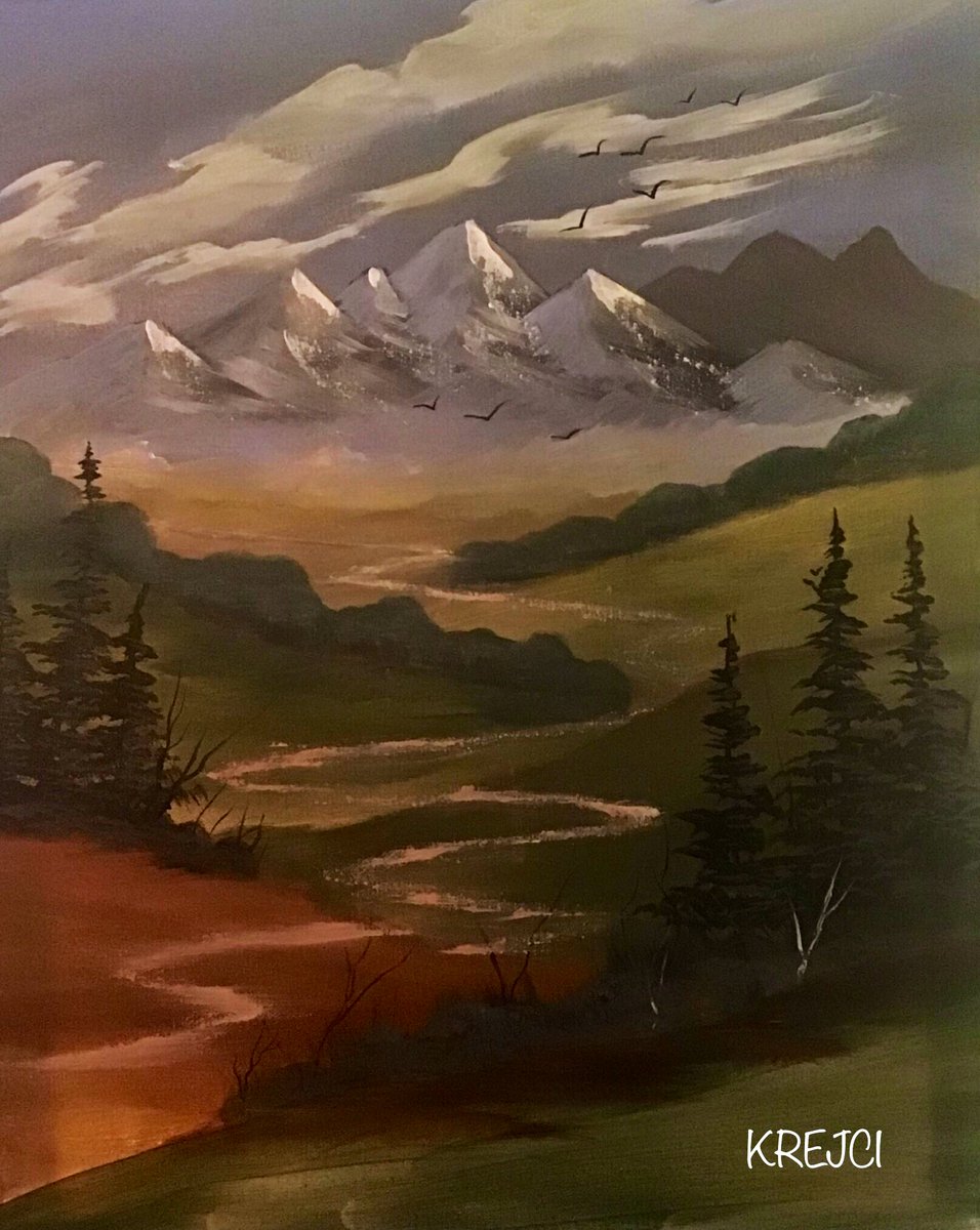 paintwithrick's tweet photo. Friday Evening Original Landscape by KREJCI. I used a medium dark gray undertone. #originalart #seattleartist #acrylicpainting #nature #grayundertone #artist #mountainscenes https://t.co/JC6vH4McVh