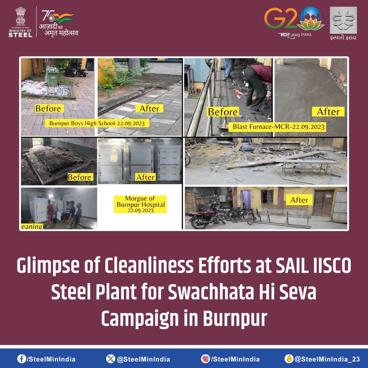 SteelMinIndia's tweet photo. #बर्नपुर में 'स्वच्छता ही सेवा' अभियान के लिए #सेल इस्को स्टील प्लांट में #स्वच्छता प्रयासों की झलक।
#SwachhataHiSeva #SwachhBharat #GarbageFreeIndia #SHS2023 #SAIL #IISCOSteelPlant #SpecialCampaign3.0 https://t.co/BrsnZaE0CY