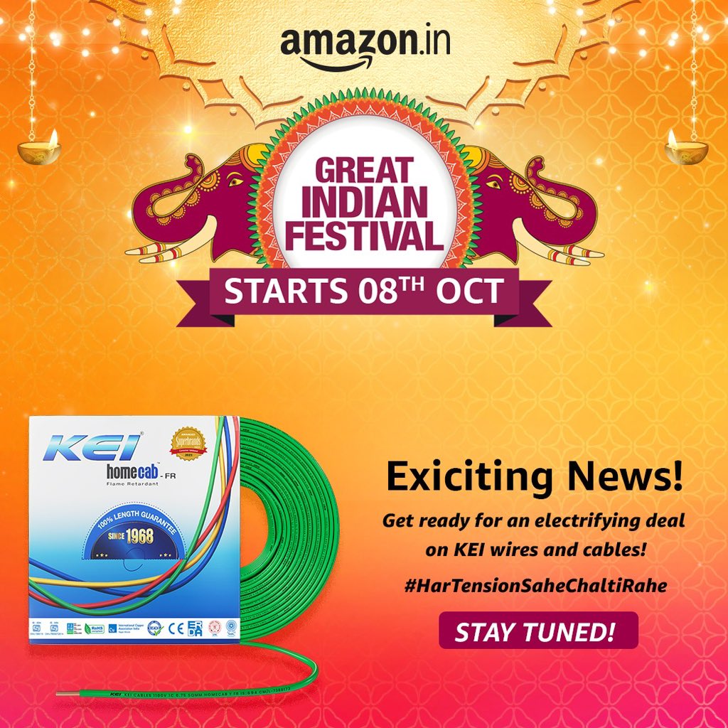 keicable's tweet photo. 'Amazon Great Indian Festival Starts on 08 October!💥
Look out for great deals from KEI Wires & Cables products’🥳
@amazonIN
#AmazonGreatIndianFestival #OpenBoxesOfHappiness
#kei #HarTensionSaheChaltiRahe
#Electrifying #trending #topical #homecab #safety
#highperformance https://t.co/DQarEx203g
