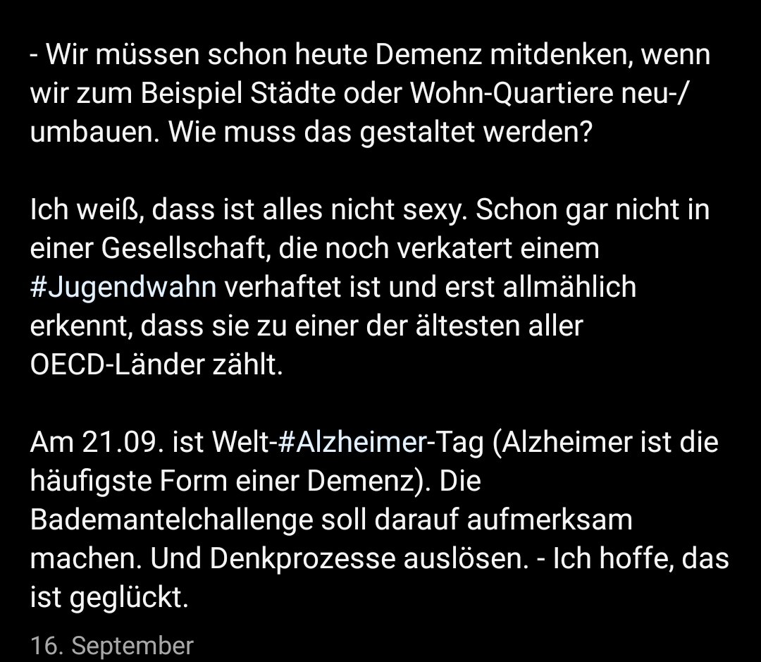 Habe gerade die #BademantelChallenge für #Demenz entdeckt.

Wir bräuchten mal ne gute Idee, um eine ähnliche Challenge für #MECFS Awareness & Forschungsgelder zu machen.

Vllt für den nächsten internationalen #MEawarenessDay? 

1/3
#MillionsMissing !B