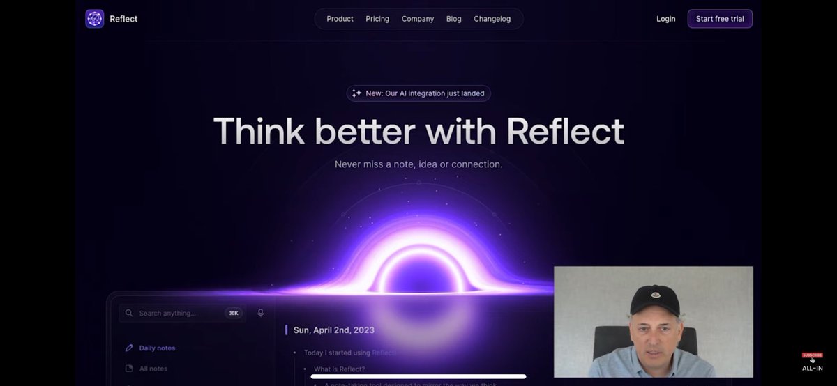 This is epic! <a href="/DavidSacks/">David Sacks</a> is a <a href="/reflectnotes/">Reflect</a> user. Best note taking app hands down. LFG