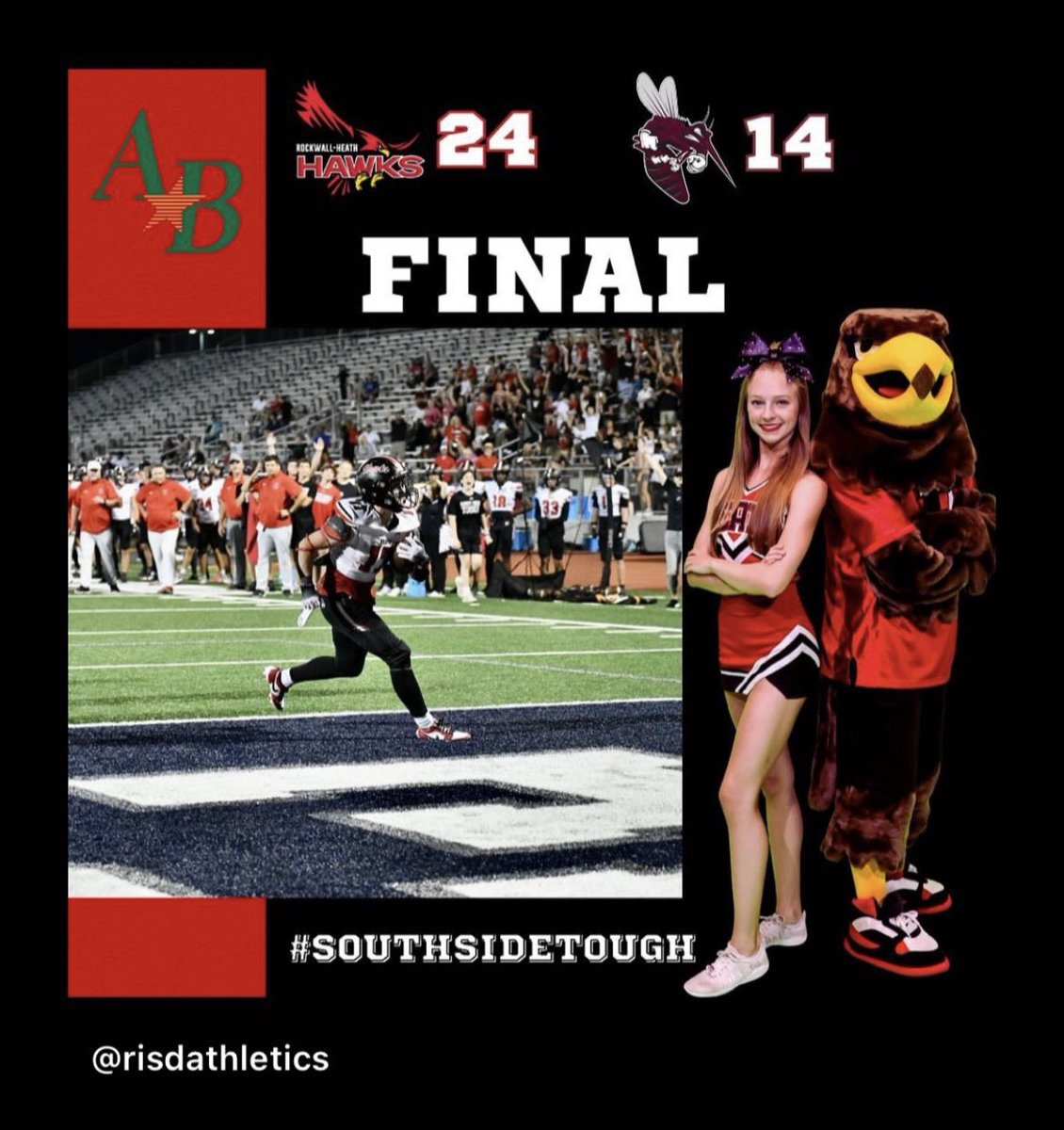Harley_Hawk1's tweet photo. It took some work but the Hawks squashed those pesky Skeeters and pulled out the Win! 25-14 #WTD #heathcheer #heathhawks #southsidetough #rhhs https://t.co/09a5OuTpHy