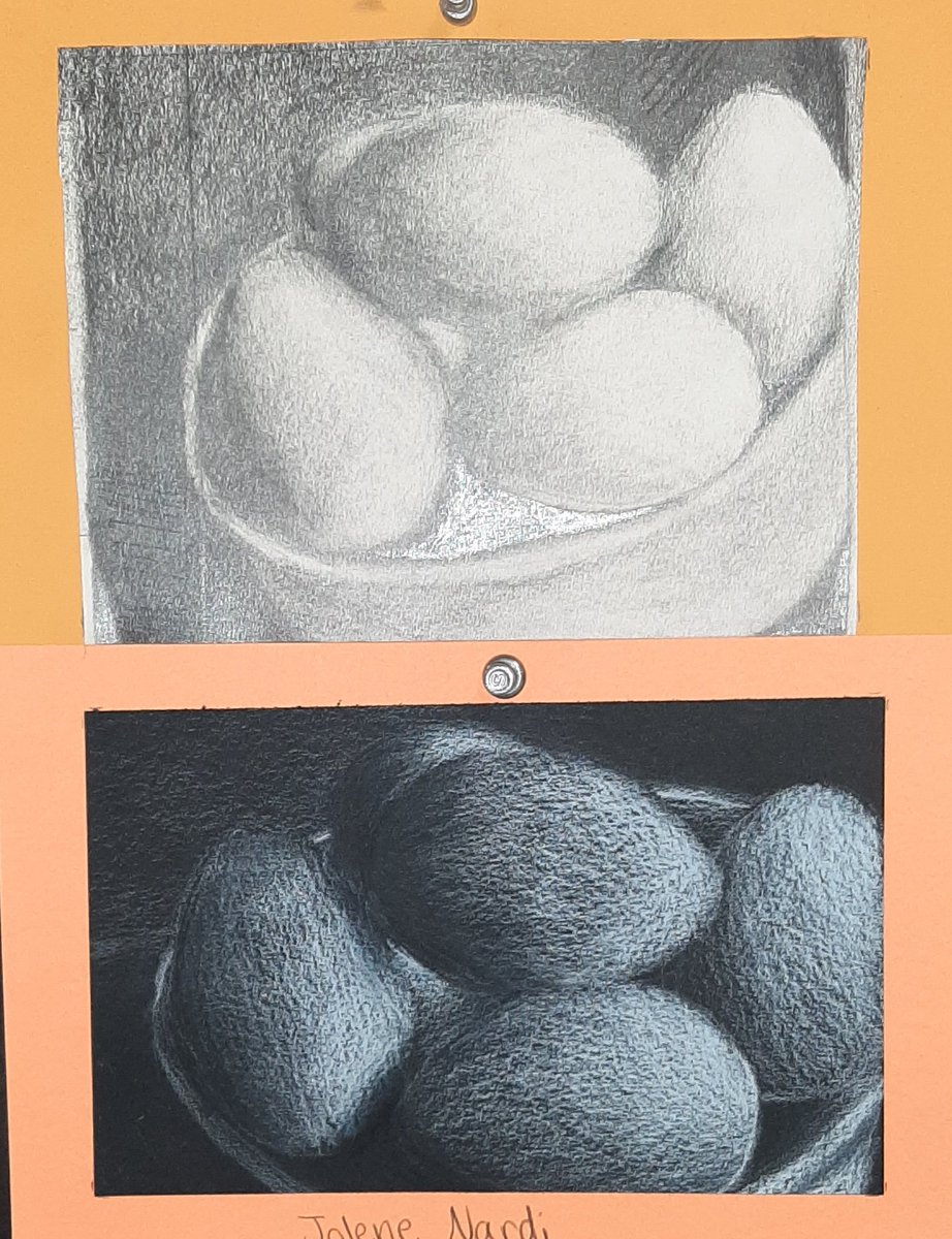 BHSVisualArt's tweet image. Drawing &Painting students learn shading techniques with graphite on paper and white colored pencil on black paper