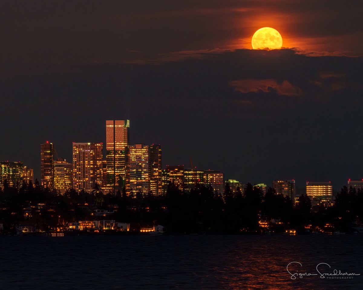 sigmas's tweet photo. Tonight's #HarvestMoon rising above the #Bellevue skyline. Last supermoon of this year. https://t.co/HBqPIvkzN9