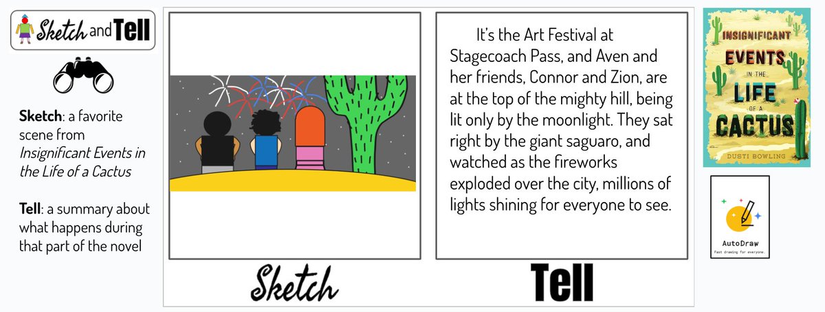 sosoosie's tweet photo. These were two of my favorite "Sketch and Tell" @eduprotocols submissions for "Insignificant Events in the Life of a Cactus." My Ss LOVED this novel. They clapped when we finished. @DustiBowling Thank you for motivating 6th graders to read. https://t.co/XqyyJAQe7P