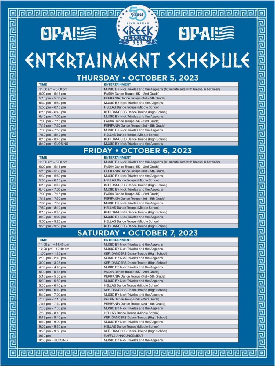 GreekfestivalAL's tweet photo. ๐ฌ๐ท OPA! Next Thursday-Friday-Saturday! Come eat Greek food, watch Greek dancing and be Greek for the weekend at the 50th Annual Greek Festival ๐ฌ๐ท https://t.co/InhQhh9R6c
#greek #greekfestival #greekfoodfestival #birminghamalabama #alabama #greekdancing #greekfood #greekculture https://t.co/ODmnZazVHJ
