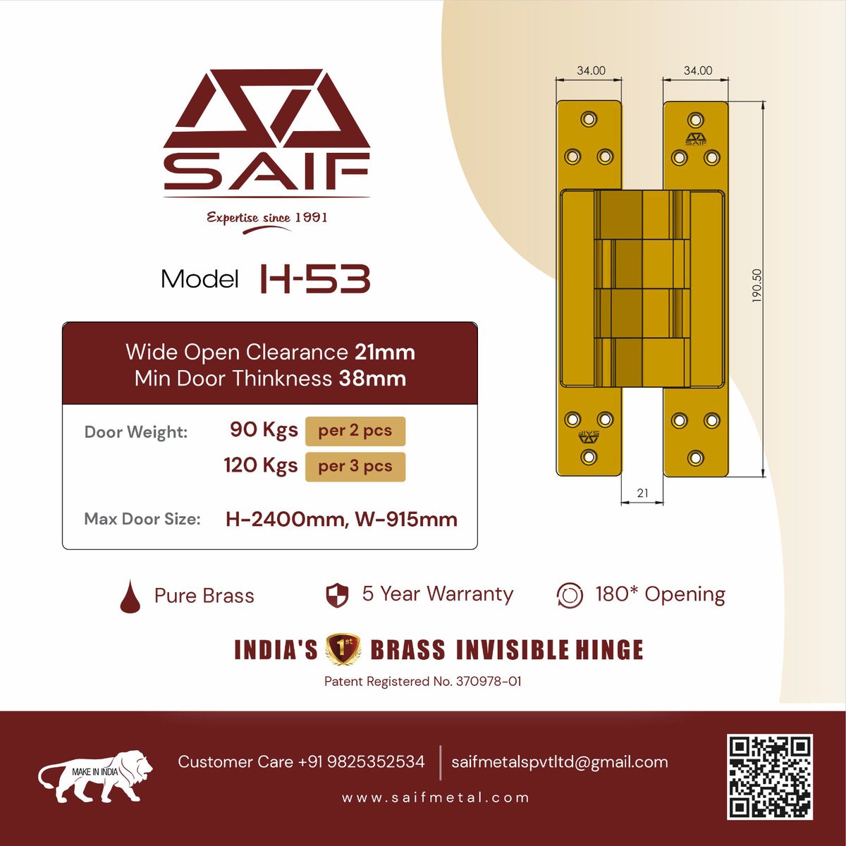 HardwareSamachr's tweet image. Introducing #SAIF, the first-ever brass #invisiblehinge in India, which comes with a remarkable 5-year warranty &amp;amp; allows for 180-degree opening.
#SaifMetal #SaifHardware #SaifHinges #SaifHardware #InvisibleHinges #HiddenHinges #DoorHardware #SaifInvisibleHinges #HardwareFittings
