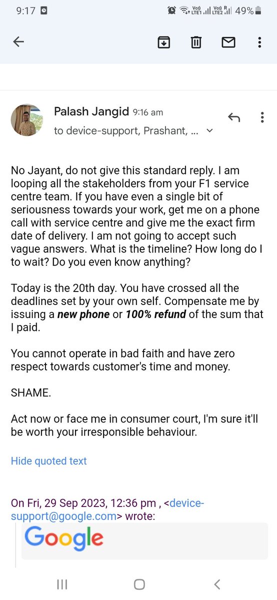 palash1010's tweet photo. @jagograhakjago @BandBajaaaho @GoogleIndia took my phone for repair took my money 20+ days they have zero knowledge what is happening with my phone or when I will get it back. Im facing heavy monetary losses due to my e sim number being dead. HELP ME. @sundarpichai @madebygoogle https://t.co/m5Ufd7nrg6