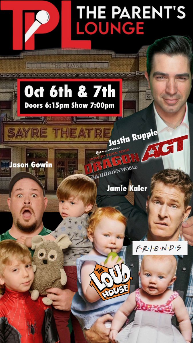 Jason Gowin (@jasongowin) on Twitter photo Don't Miss The Parent's Lounge Live Stand-up Comedy Show! Oct 6&7 in Sayre, Pennsylvania with @TheRupple <a href="/JamieKaler/">Jamie Kaler</a>
Get tickets at: bcrac.ticketleap.com/tpl Don't Miss The Parent's Lounge Live Stand-up Comedy Show! Oct 6&7 in Sayre, Pennsylvania with @TheRupple <a href="/JamieKaler/">Jamie Kaler</a>
Get tickets at: bcrac.ticketleap.com/tpl