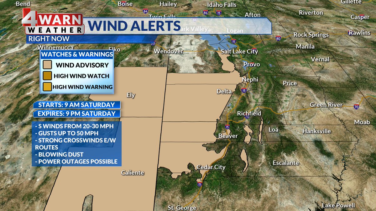 AlanaBrophyWX's tweet photo. WINDS OF CHANGE: Southerly winds increase Saturday &amp; as a result a wind advisory goes into effect for portions of the West Desert at 9 AM until 9 PM. Tooele &amp; Rush Valleys included in this! Gusts up to 50 mph &amp; blowing dust! 
You've been #4warned!
@thomasgeboywx @natelarsenwx https://t.co/nHdVjyBSa9