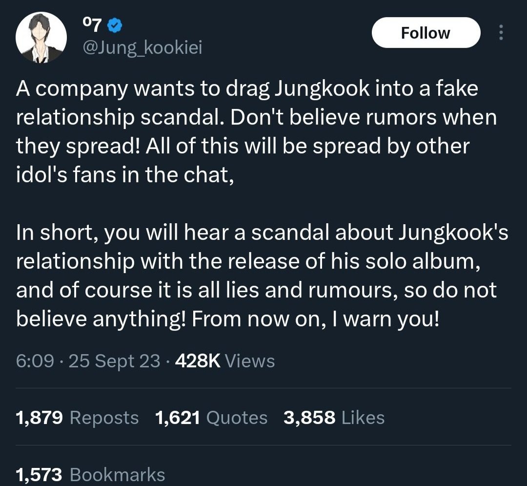matevji's tweet photo. Ini bukan tentang penyangkalan tapi hal ini udah di wanti2 dari 5 hari yg lalu dan rumornya blowup beberapa jam setelah 3D rilis.

Terjemahan:

"Sebuah perusahaan ingin menyeret Jungkook ke dalam skandal hubungan palsu. https://t.co/E9zUMp2U8E
