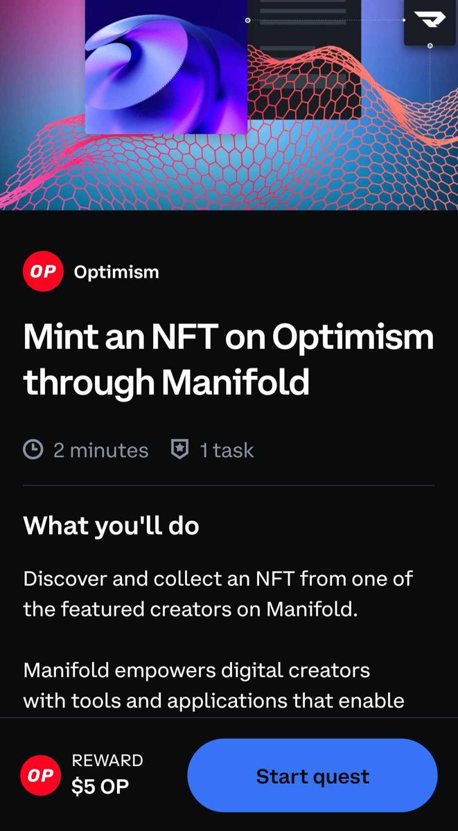 TheBoredPost's tweet photo. @CoinbaseWallet has extended the “Mint an NFT on @optimismFND through @manifoldxyz” quest until the end of this year.

1⃣ Mint your NFT right away at https://t.co/2w2RtGj4Bl

2⃣ In your Coinbase wallet, head to Explore and participate in the quest to secure your $5 in OP tokens. https://t.co/yjuhCRk5rT