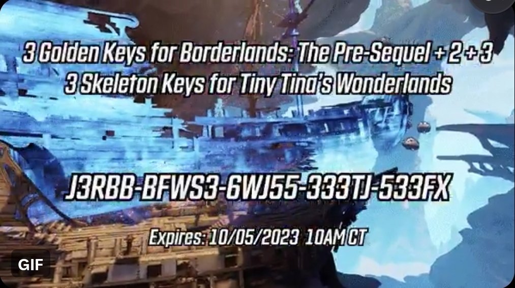 FREE SHiFT Code for 3 Golden Keys and Skeleton Keys in Borderlands 2, TPS, 3 and Wonderlands: J3RBB-BFWS3-6WJ55-333TJ-533FX Redeem in-game or at shift.gearbox.com. Expires 10/5. Good luck and happy lootin’ & shootin’! #boarderlands #TinyTinasWonderlands #gaming