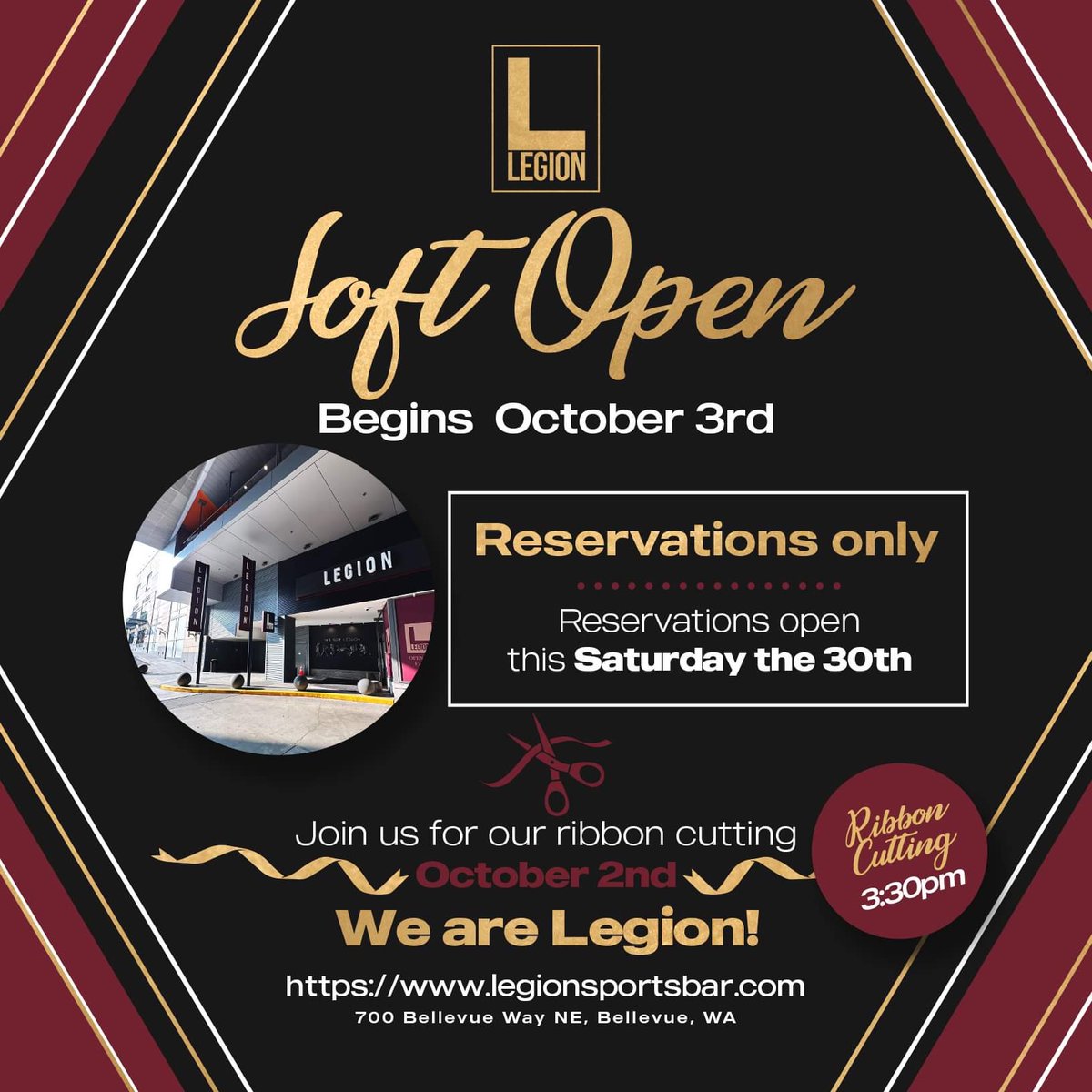 🚨 Make your reservation for our soft open! 🚨 
.
Reservations via Open Table will go live Saturday the 30th.
.
WE ARE LEGION!
.
#legion #wearelegion #softopen #restaurant #soulfood #sportsbar #community #bellevue #bellevuediningdistrict