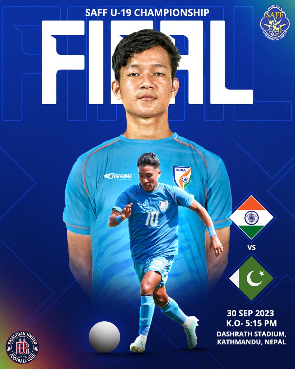 RajasthanUnited's tweet photo. All the best to our boys as India will lock horns with Pakistan today in the final of U-19 SAFF Championship.
#RajasthanUnitedFC #Rufc #AbKhelegaRajasthan #SaffCup https://t.co/6BLTjmP81A