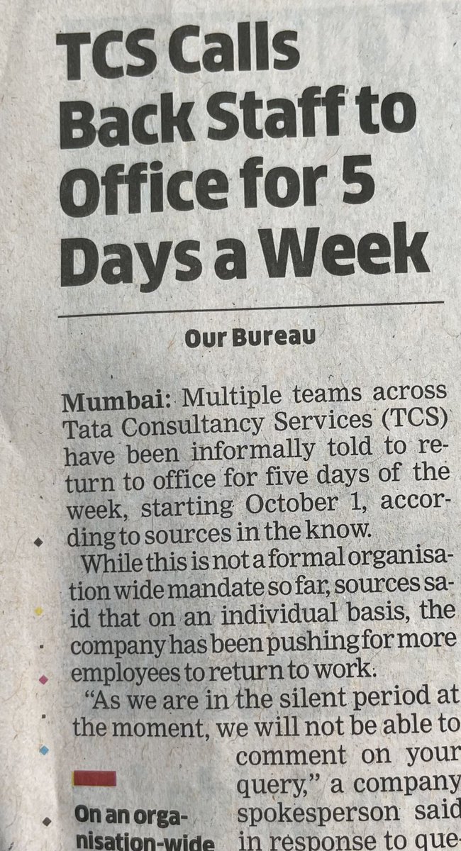 SinghVikalp's tweet photo. A significant shift in the corporate landscape! 🏢📆 #TCS's Vision 2025 takes an unexpected turn as they call for 100% employee presence in offices from October 1st. Will we see similar moves from #Infosys, #HCL, and #Wipro? The future of work is evolving. 🌐💼 #WorkplaceChanges #CorporateShift