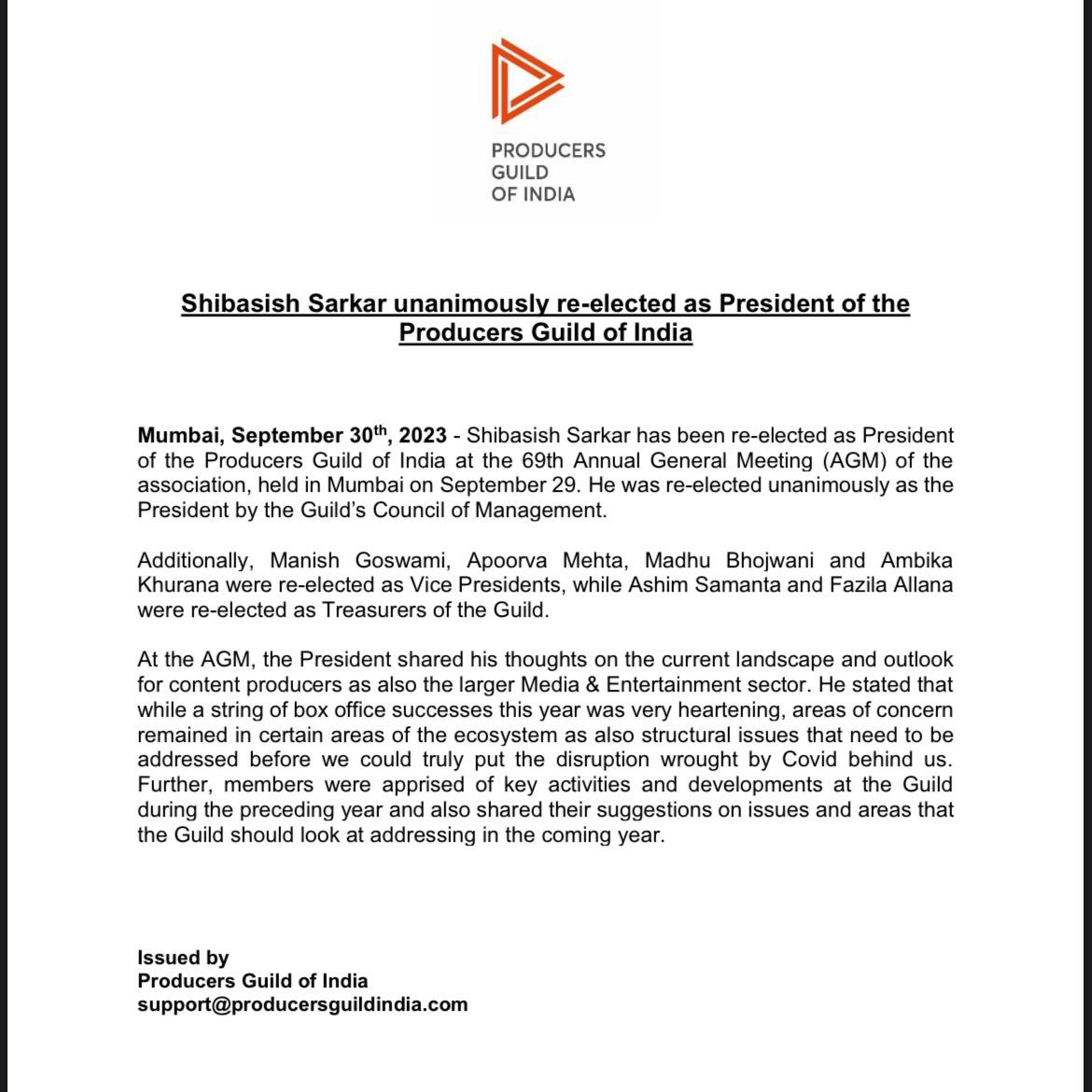 producers_guild's tweet photo. Official Statement: Shibasish Sarkar unanimously re-elected as President of the Producers Guild of India @Shibasishsarkar https://t.co/HC3mpotflp