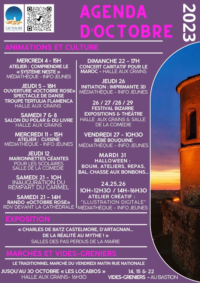 Voici l'agenda des animations et des évènements culturels du mois d'octobre à Lectoure. 

Octobre, c'est #rose et pas #barbie. Partagez-le autour de vous !