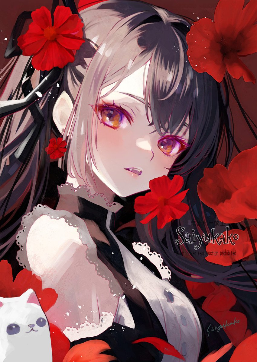 1girl flower long hair solo red flower looking at viewer black hair  illustration images