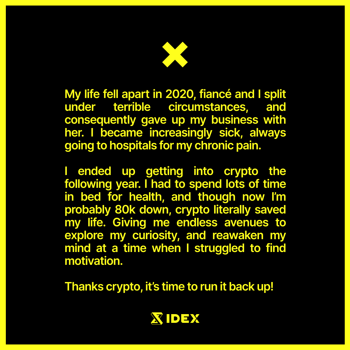coinfessions's tweet photo. Though now I’m probably 80k down, crypto literally saved my life. https://t.co/2M1Le5VpLZ