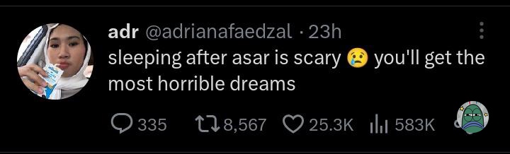 martabakismissu's tweet photo. Tidur abis ashar, tidur di jam 6-9 pagi, dan tidur pas lagi sakit pasti mimpinya selalu aneh-aneh 🥲

Kalian ngerasa gitu juga ga guys? https://t.co/eK6ntgLCVQ