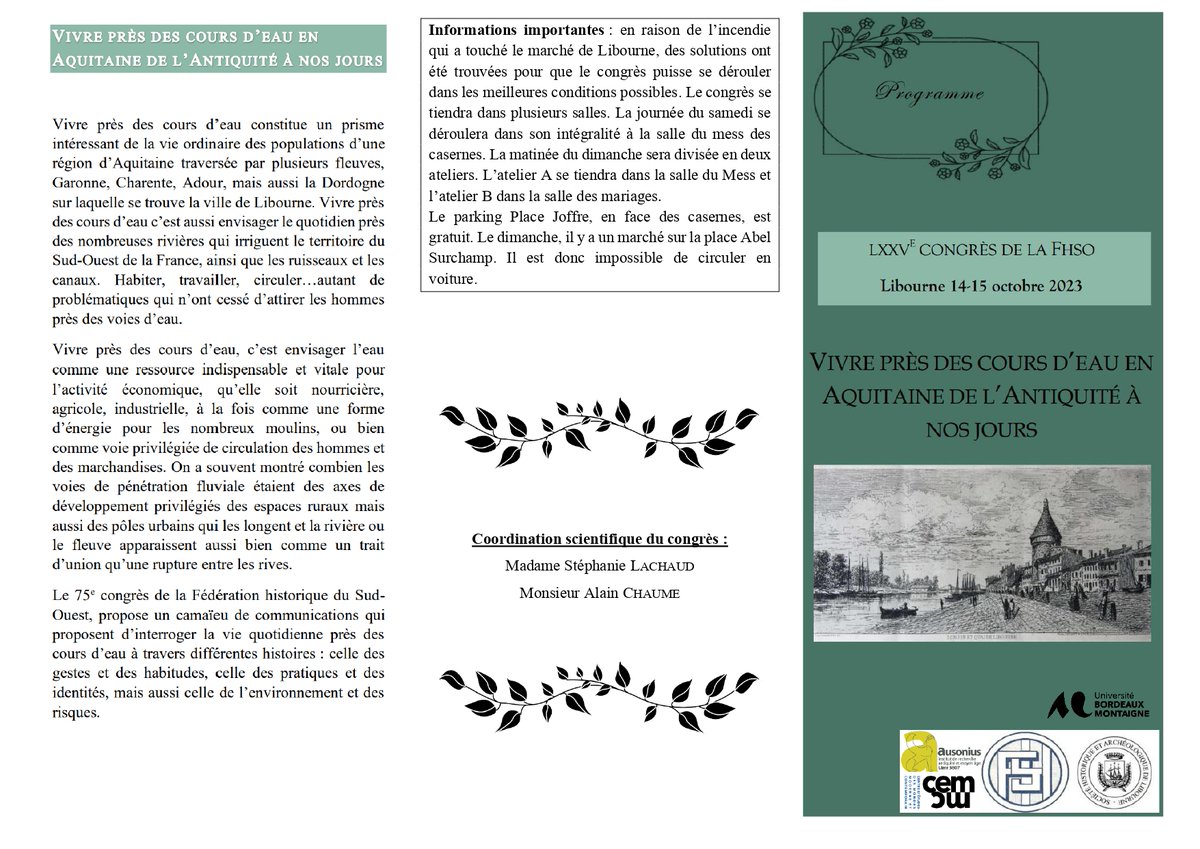 Cemmc33's tweet photo. Le  @Cemmc33 d'@UBMontaigne a le plaisir d'annoncer le 75e Congrès de la Fédération Historique du Sud-Ouest (FHSO), qui se déroulera à Libourne (33), les 14 et 15 octobre 2023 autour du thème : "Vivre près des cours d'eau en Aquitaine, de l'Antiquité à nos jours". https://t.co/qRfR9B5eID