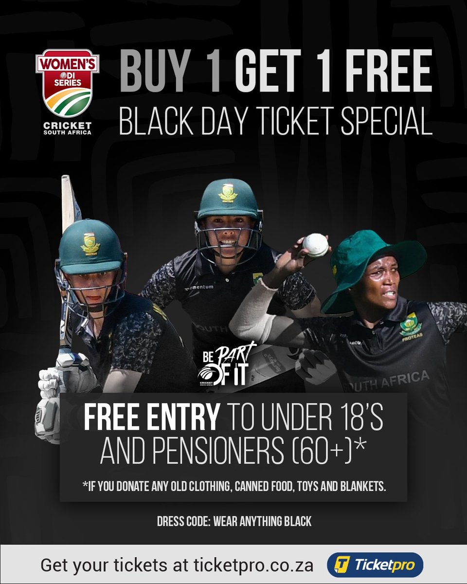 ProteasWomenCSA's tweet image. Black Day 🖤

More than just match but a stand against GBV ✊

Buy 1️⃣ ticket and Get 1️⃣ Free. U18s  free entry but subjected to bringing canned food, previously loved clothes &amp;amp; blankets 🫂 

Go get your tickets at TicketPro 🎟 

#AlwaysRising #BlackDay #SAWvNZW