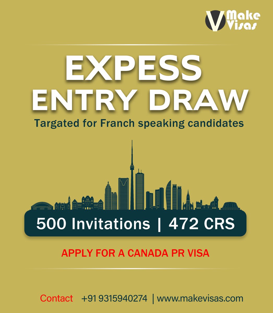 makevisas's tweet photo. Ready to make your Canadian dreams come true?  With the latest Express Entry draw, Canada is calling out to French-speaking candidates! Don't miss your chance - 500 invitations issued with a CRS score of 472. Apply now for your shot at a Canada PR Visa ExpressEntry https://t.co/pLXTCpkeDT