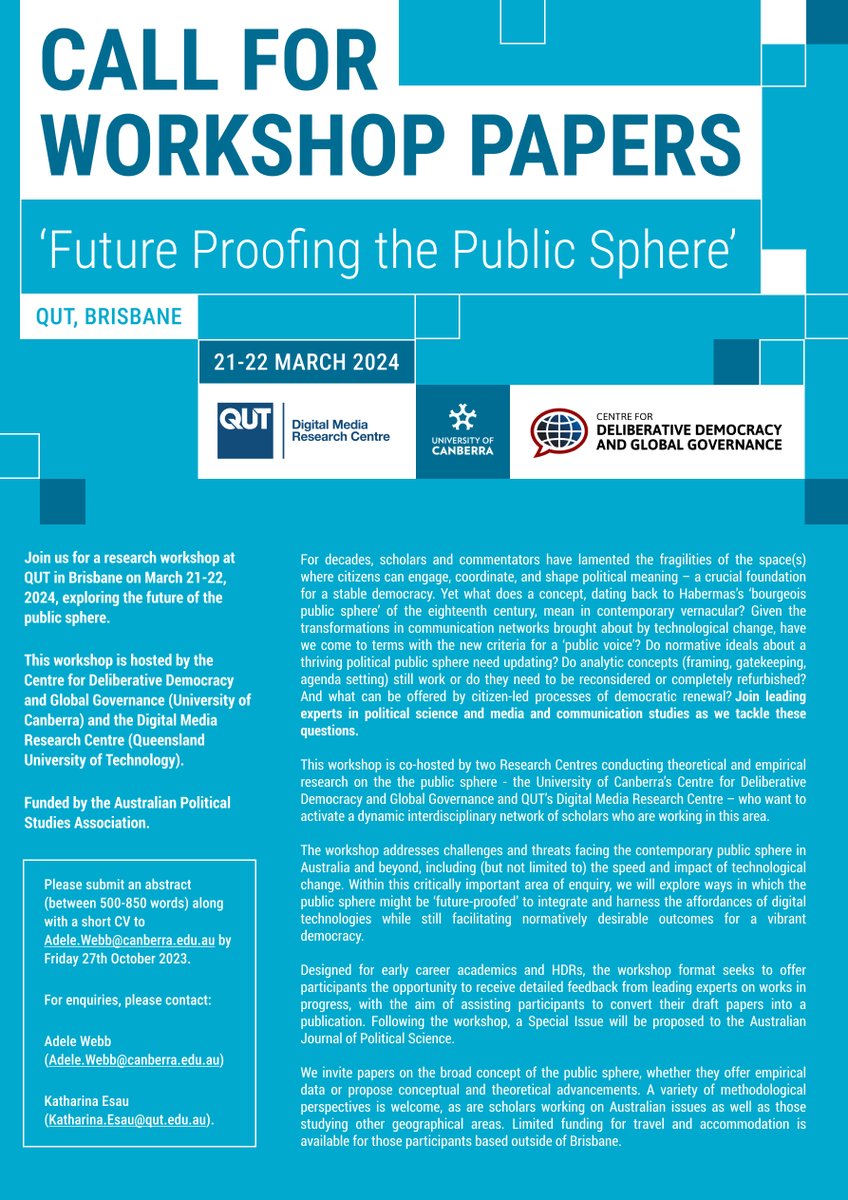 Nicole Curato (@nicolecurato) on Twitter photo CfP 📣
Funding to support travel costs for interstate 🇦🇺participants is available ✨
Cheers to workshop conveners <a href="/adelehwebb/">Adele Webb</a> of <a href="/DelDemUCan/">DelDemUCan</a> and <a href="/kathaesa/">Katharina Esau</a> of <a href="/qutdmrc/">QUT Digital Media Research Centre</a>. CfP 📣
Funding to support travel costs for interstate 🇦🇺participants is available ✨
Cheers to workshop conveners <a href="/adelehwebb/">Adele Webb</a> of <a href="/DelDemUCan/">DelDemUCan</a> and <a href="/kathaesa/">Katharina Esau</a> of <a href="/qutdmrc/">QUT Digital Media Research Centre</a>.