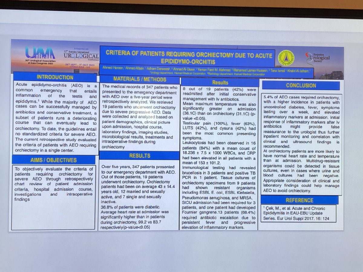 Do you face patients with epididymo-orcchitis going into orchiectomy? 😳

🚨#DM is a major risk factors

🚨negative urine cultures doesn’t mean infection ‘s resolved.

🚨severe clinical presentation requires aggressive management.

@Emiratesurology  #UAAEUSC2023  @uaa2023