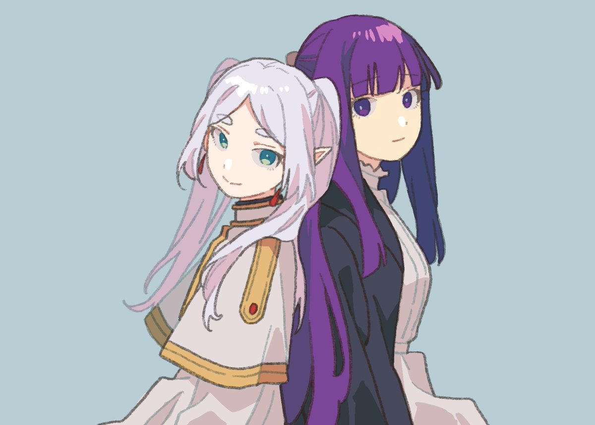 multiple girls 2girls purple hair long hair smile simple background pointy ears  illustration images