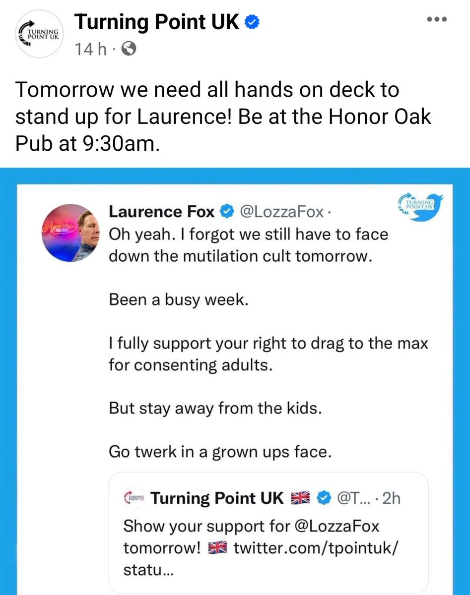 Unite Against Fascism (@uaf) on Twitter photo So much for "all hands on deck" 😀
Looking like another flop for far right Turning Point UK & <a href="/LozzaFox/">Laurence Fox</a> in Honor Oak, London.
Well done anti fascists who for the 8th time locally have opposed the goons.
<a href="/AntiRacismDay/">Stand Up To Racism</a> <a href="/SUTR_SELondon/">SUTR SELondon</a> <a href="/SLSUTR/">Stand Up to Racism - south London</a> So much for "all hands on deck" 😀
Looking like another flop for far right Turning Point UK & <a href="/LozzaFox/">Laurence Fox</a> in Honor Oak, London.
Well done anti fascists who for the 8th time locally have opposed the goons.
<a href="/AntiRacismDay/">Stand Up To Racism</a> <a href="/SUTR_SELondon/">SUTR SELondon</a> <a href="/SLSUTR/">Stand Up to Racism - south London</a>