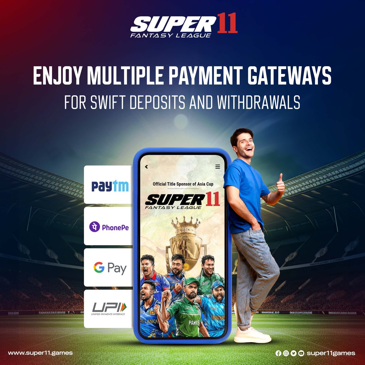 Super11games's tweet photo. Enjoy Multiple Payment Gateways,
Super11 Enhances User Convenience by Enabling Deposits through UPI, Google Pay, PhonePe, and Paytm! 

Embrace the Future of Fantasy Sports with Effortless Transactions! 
Utilize the Onramp Payment Gateway to Effortlessly Convert INR into BFICoin!

Enhancing Accessibility and Utility for our Community!🤝

#Super11 #FantasySports #FantasyLeague #Super11FantasyLeague #CWC2023 #PAYTM #PhonePe #Onramp #WorldCup #CricketWorldCup2023