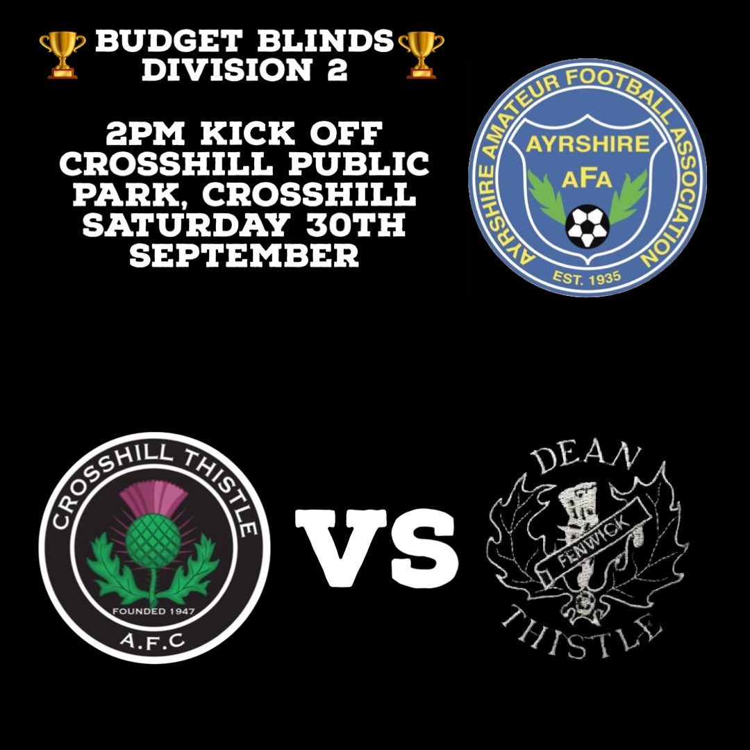 Todays Game 

League action today for the boys as we welcome <a href="/DeanFenwickAFC/">Dean Thistla amateurs</a> to Crosshill. <a href="/AyrshireAFA/">Ayrshire Amateurs</a> 

⏰ 2pm Kick Off 
📍 Crosshill Public Park 

MTH!!