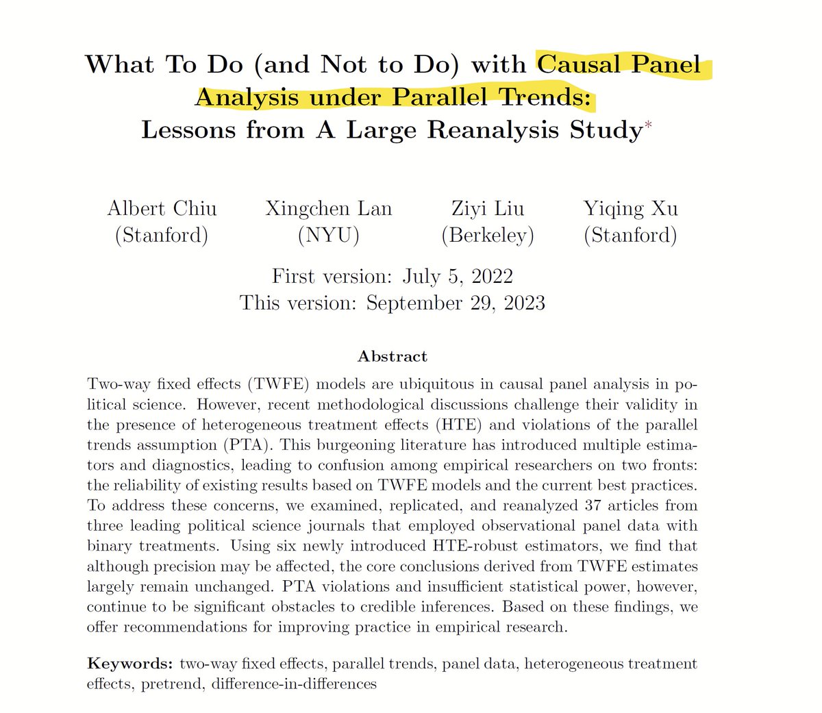 Hi #EconTwitter! 

For those into causal inference and the "parallel trends" assumption:

Check out👇this paper by Albert Chiu (@stanford) &amp; C, where they revisit 37 applications in top political science journals to draw some interesting conclusions about the credibility of