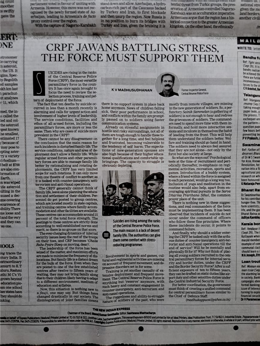Today's editorial in Indian Express. CRPF jawans battling stress.
#CRPF
#dgcrpf
#MHA
