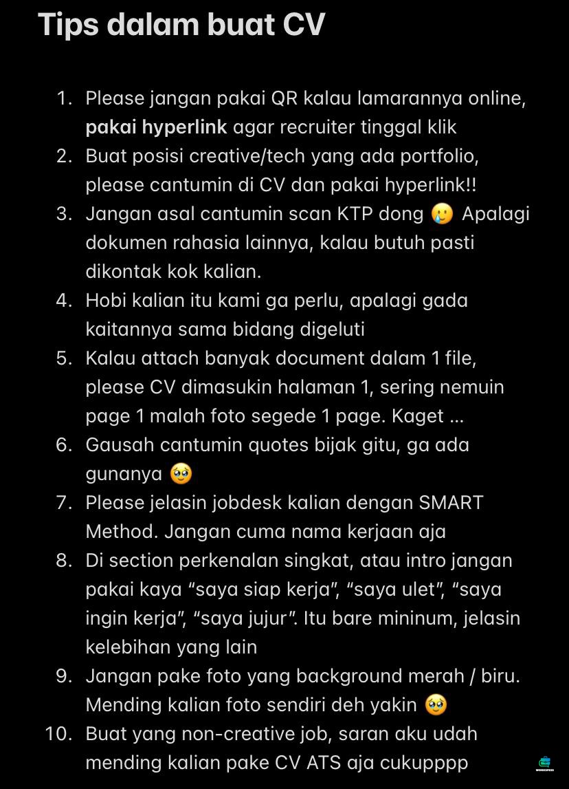 worksfess's tweet photo. work! Hidup lagi capek-capeknya, malah nolakin ribuan CV, ini aku ada rangkuman beberapa hal yang baiknya kalian perhatiin pas lamar kerja. Kalau mau ada yg tambahin, rep aja, biar pada cepet dapet kerja ♥️ https://t.co/CLOwpbp6yR