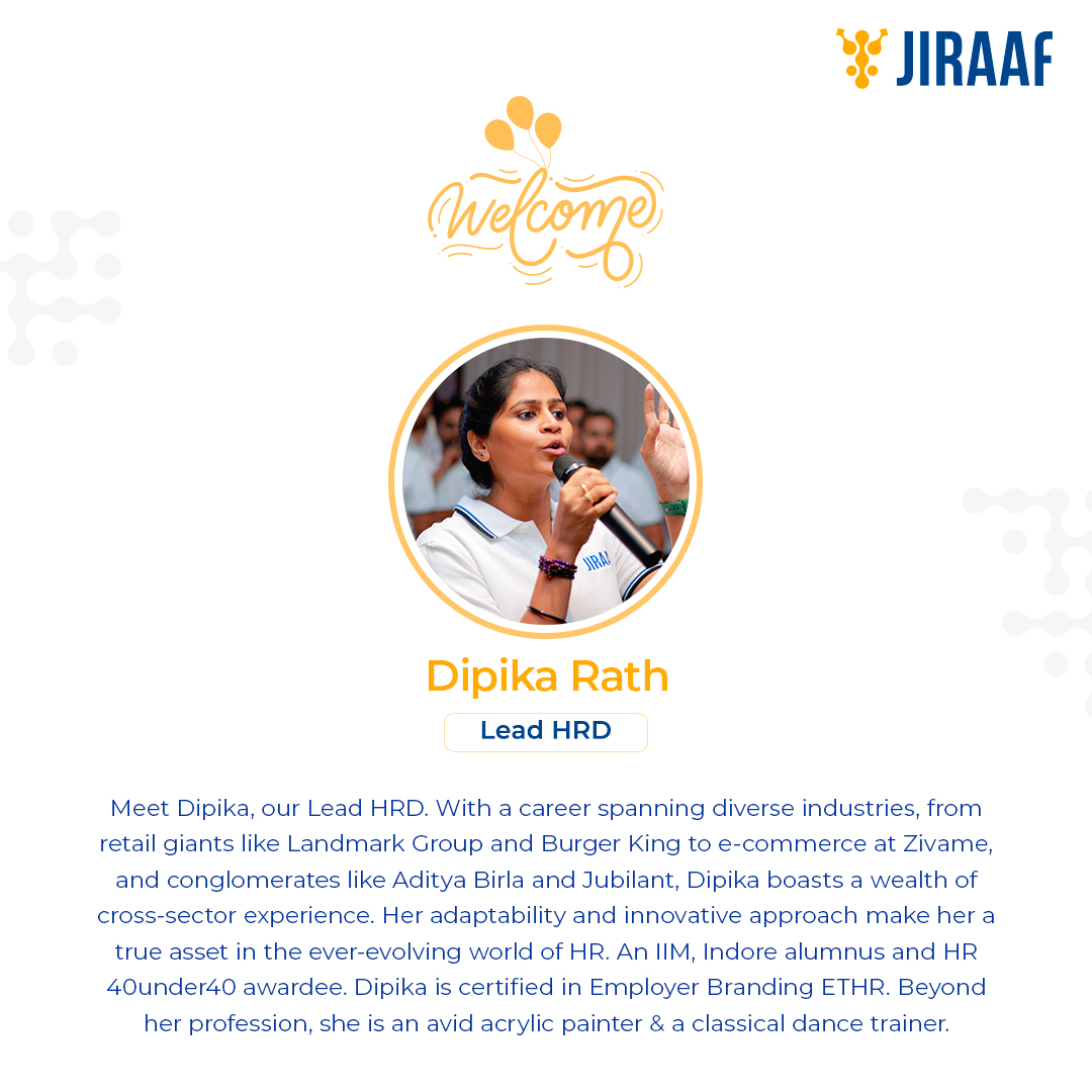 We are absolutely thrilled to introduce you to the newest member of our team, Dipika Rath!

Welcome aboard and best wishes!

#Jiraaf #WelcomeAboard #NewHire #Hiring #HiringTalent #NewBeginnings