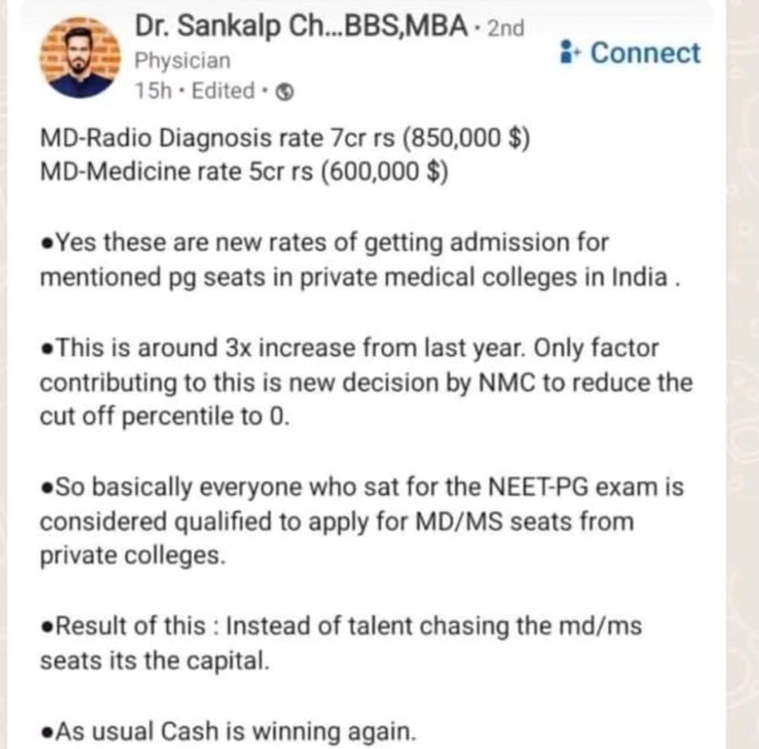 Doc_khan_'s tweet photo. 📌•MD RADIO- 11 CRORE
•MD MEDICINE- 5 CRORE
•Seat Blocking By Candidates     Sponsored By Government itself.

RIP MERIT 
RIP INDIAN MEDICAL EDUCATION.

#NEETPG
#Neetpg23Counselling 
#NEET 
#mbbs
#medico
#MedTwitter 
@NMC_IND https://t.co/5UbMXD77xa