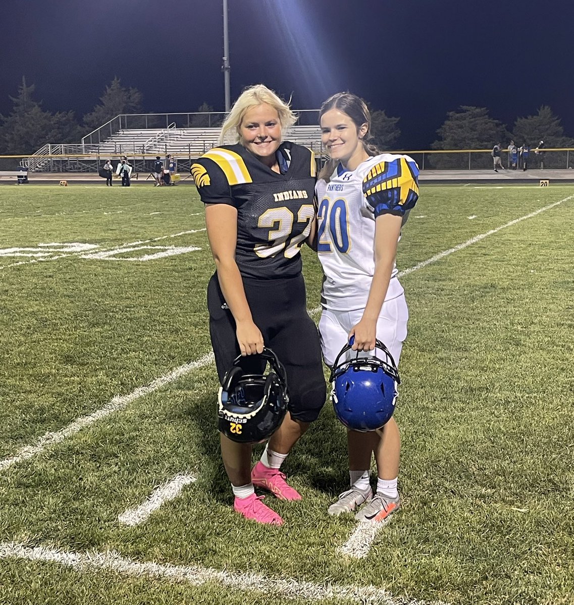sportsinkansas's tweet photo. First time in Kansas history? Still awaiting confirmation but it is believed to be that for the first time in Kansas history, two girls from two different teams scored an extra point in the same football game. Marlo Sullivan (Andale, left) & Ayla Ontjes (Nickerson, right) each kicked and made a PAT in Friday nights matchup between Andale & Nickerson. #sportsinkansas 
Photo courtesy of Mindy Bruce