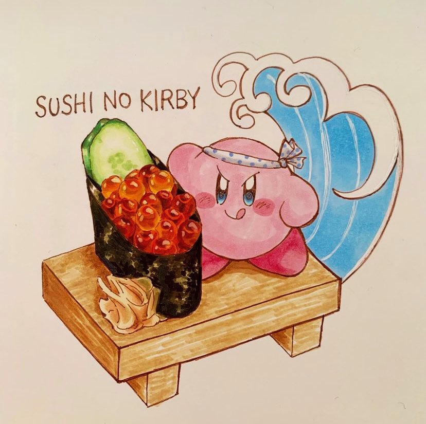 kirby food sushi tongue no humans tongue out blue eyes simple background  illustration images