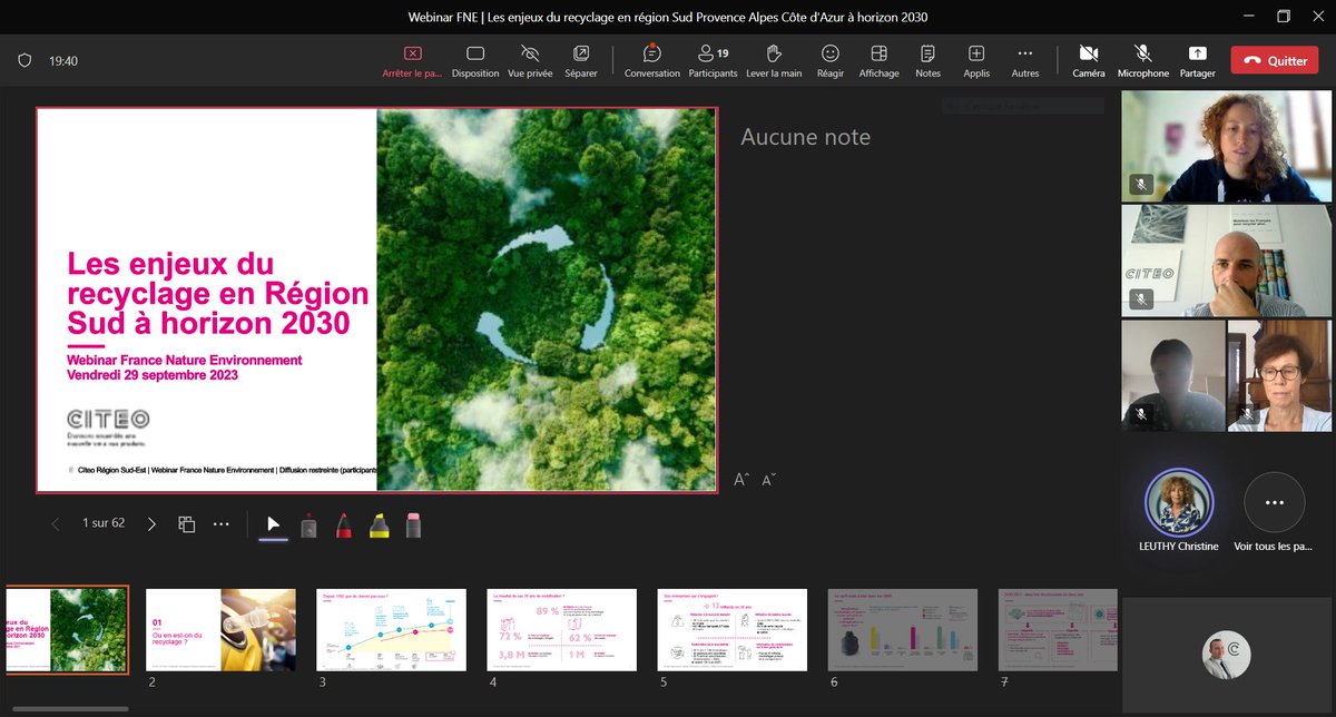 💻 Matinée en #Webinaire <a href="/citeofrance/">Citeo</a> avec les adhérents de <a href="/FneAzur/">🦔 France Nature Environnement PACA</a> sur les enjeux du #recyclage en @Maregionsud à horizon 2030. 
👉Bilan simplification du geste de tri, axes d'amélioration de la collecte, le recyclage  nouvelles filières, le hors foyer &amp; les déchets abandonnés.