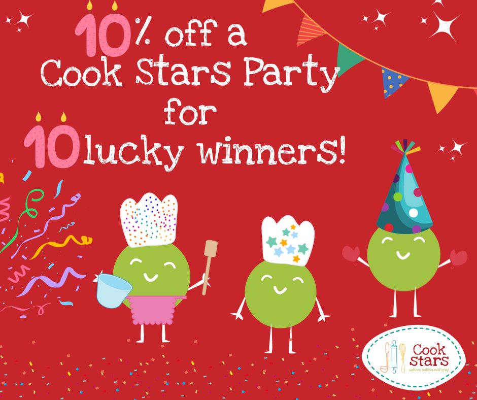 Did you see the news that we're giving away 30 prizes to celebrate Cook Stars reaching double digits?! 

One of the offers is:

⭐ 10 people to received 10% off a party booking!! 

Click here to enter!  cookstars.co.uk/celebrating-10…