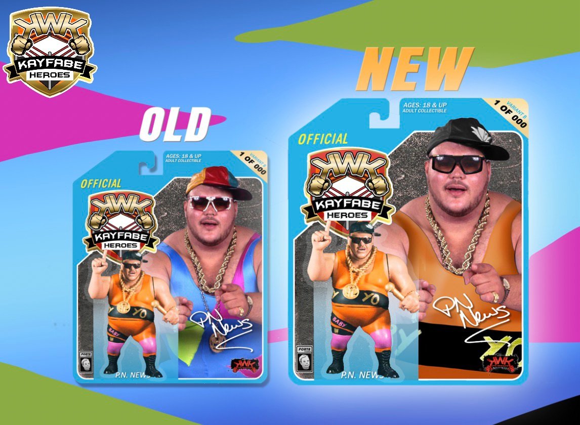 A small packaging running change on the KWK Kayfabe Heroes PN News. Porta Studios had an idea to change the image for PN News Variant B's packaging. For MOC collectors, this should be a nice didtinguishment to the packaging. The figure will remain unchanged.