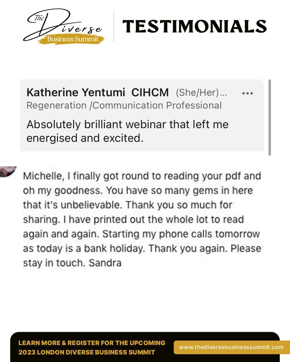 Feedback from delighted participants.

Sign up for our FREE WEBINAR: marketing.thediversebusinesssummit.com

[FREE WORKSHOP] Secure up to £100k in Corporate Contracts
